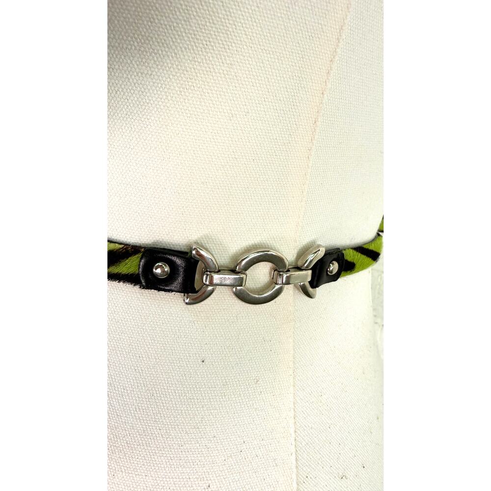 Carlisle Green Zebra Calf Hair Leather Skinny Belt Silver Hardware Large - Picture 6 of 10